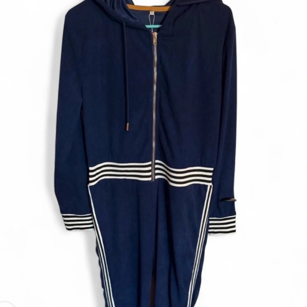 Oyrosy Revolve Retro Sports Hooded Zipper Dark Blue Knitted Jumpsuit NEW XL